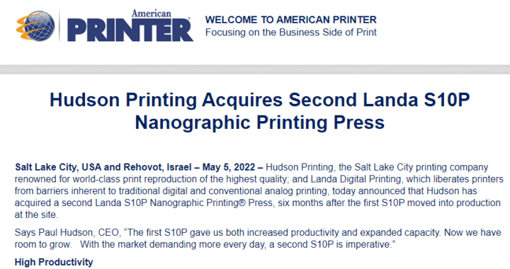 Hudson Printing Acquires Second Landa S10P Nanographic Printing Press